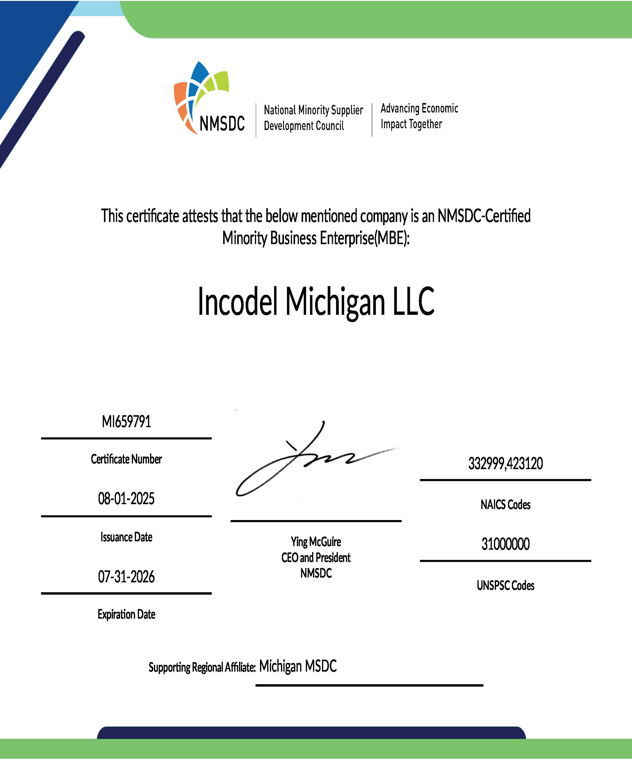 Minority Business - INCODEL - Incodel%20Michigan%20NMSDC%20Certificate%20-%20Expires%207