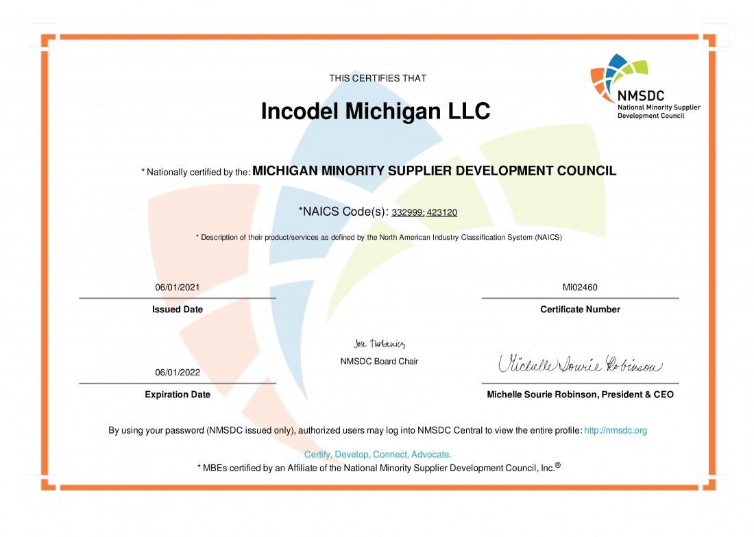 Minority Business - INCODEL - MMSDC_Certificate_-_Incodel_Michigan_LLC_-_Issued_on_6